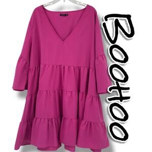 Boohoo Fuchsia Pink Tiered Babydoll Tiered Ruffled V Neck Dress Womens Size 20
